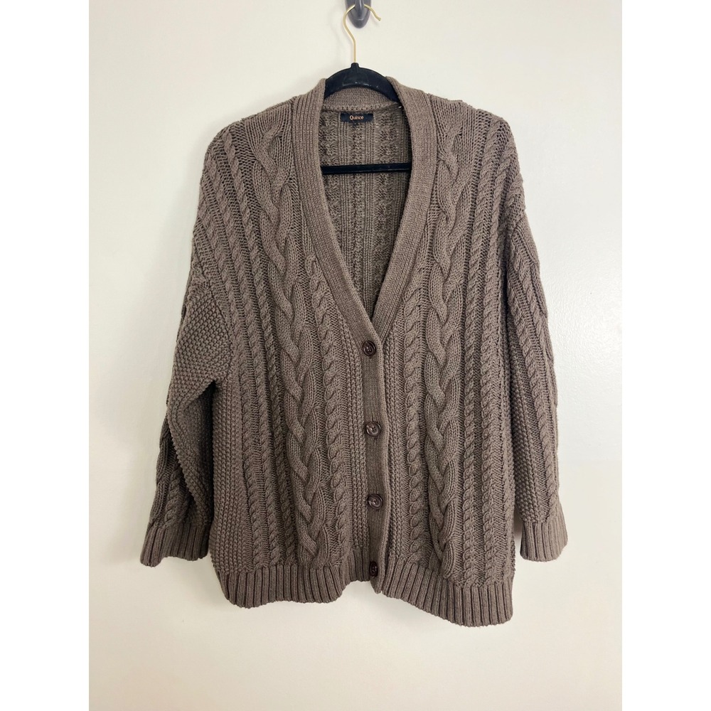 Quince Organic Cotton Oversized Cable Knot Cardigan Large Heather Brown